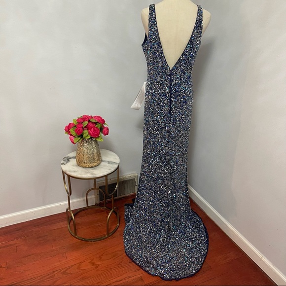 # Mac Duggal Navy / Blue Sleeveless Sequin Embellished Sheath Gown W/ High Slit - Picture 12 of 15